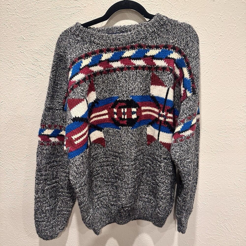 Nautica 100% Wool Fair Isle Sweater Mens M Aztec Knit Crewneck Vintage